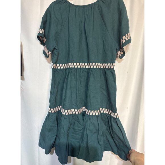 Madewell XS Teal Dress With Beige Embroidered Detail Short Sleeves Tiered Skirt - Picture 4 of 6